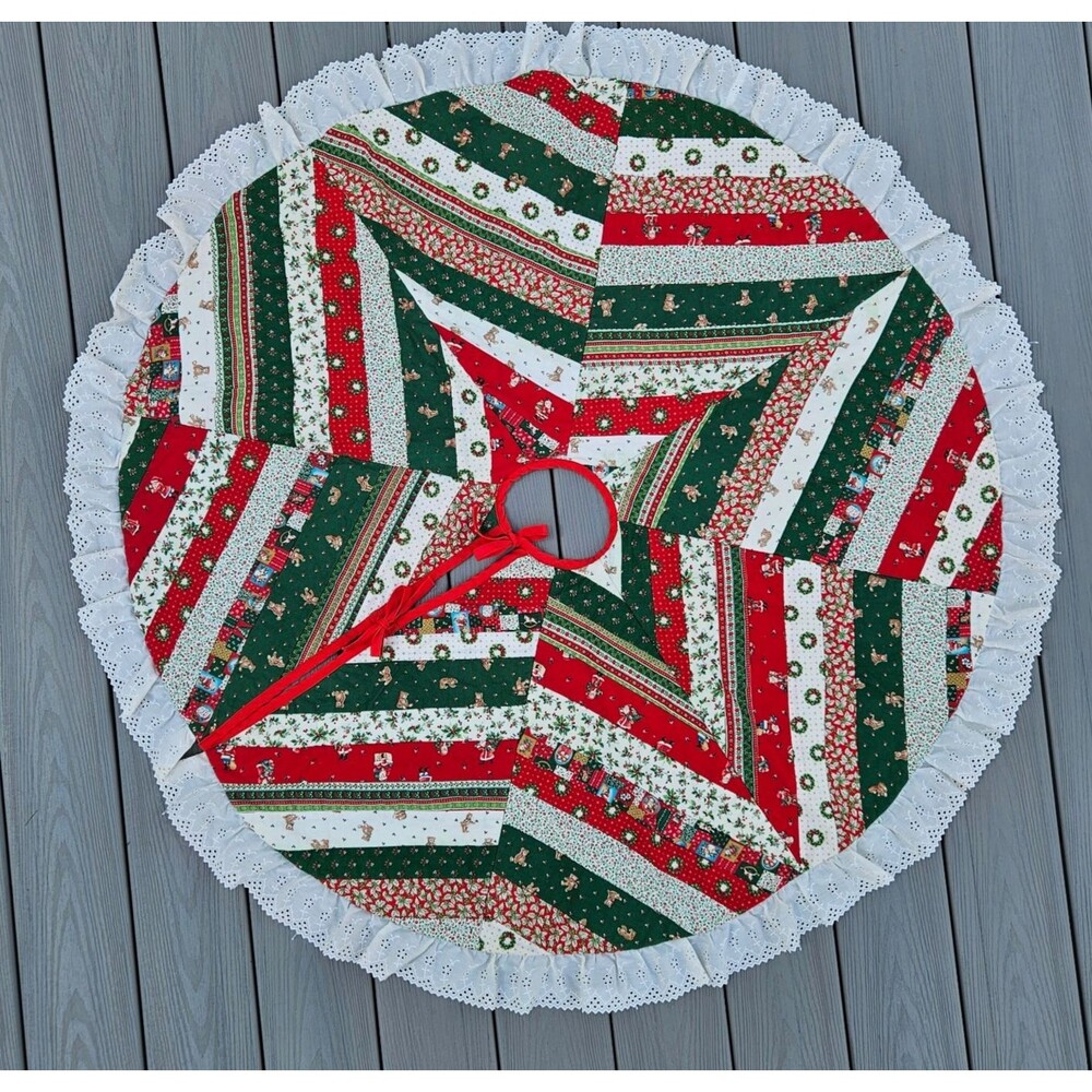 Vintage Handmade Quilted Christmas Tree Skirt 48" Patchwork Eyelet Ruffle